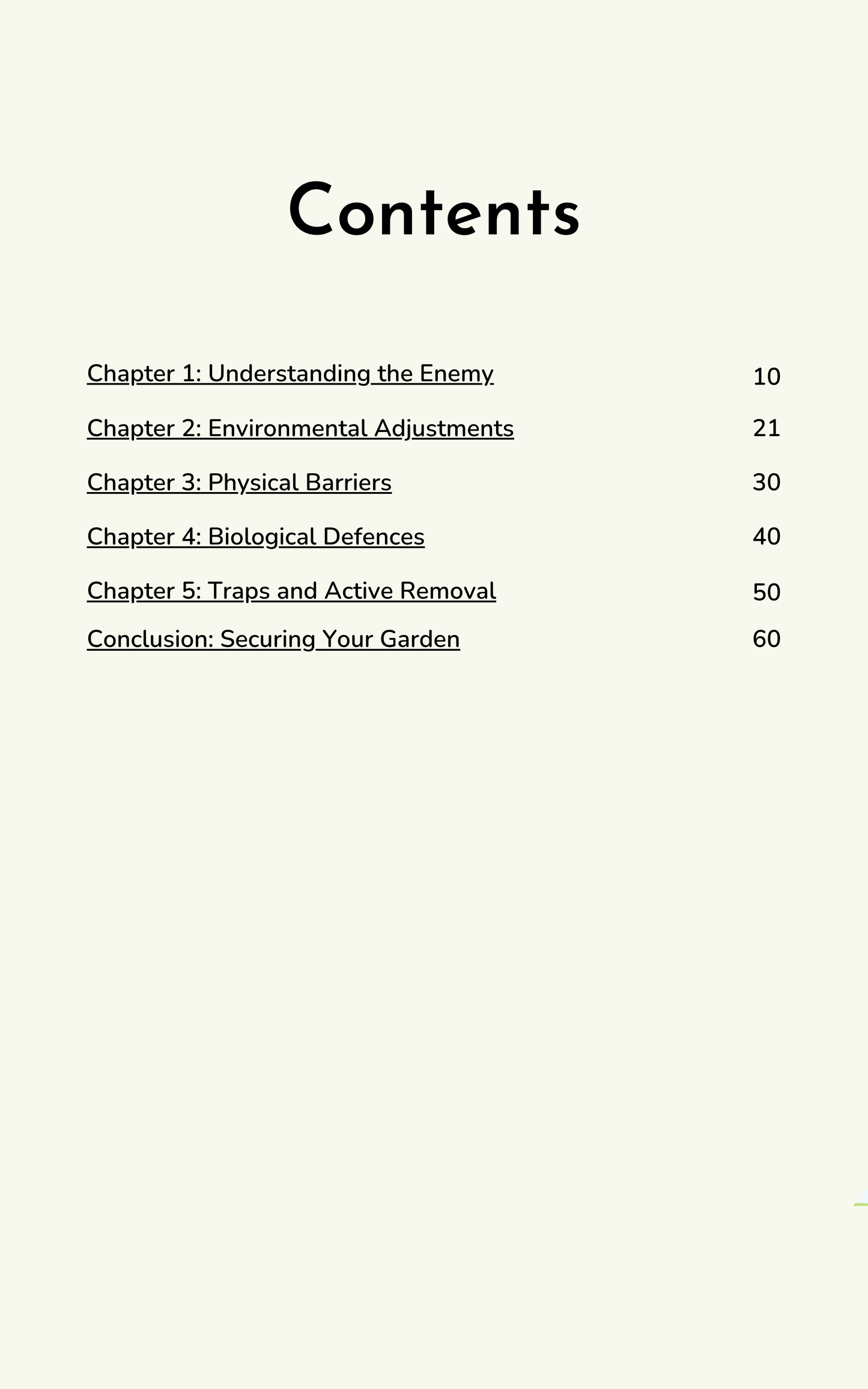 A table of contents page from a book or guide, with the title 'Contents' at the top and a list of chapters and page numbers on a light cream background.
