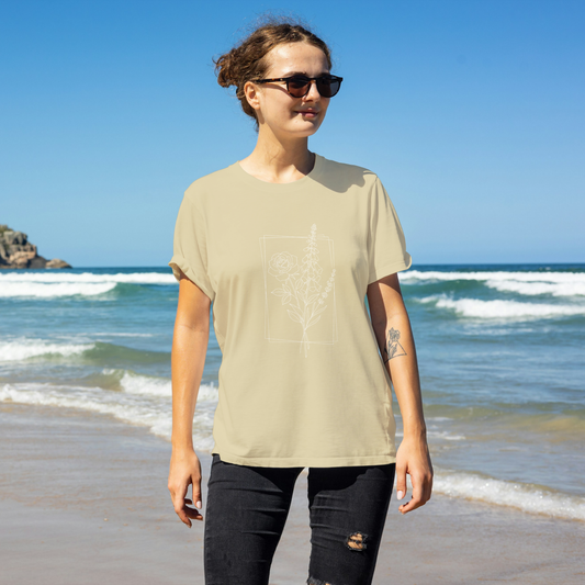 Floral White Line Art T-Shirt - Rose, Lavender, and Foxglove