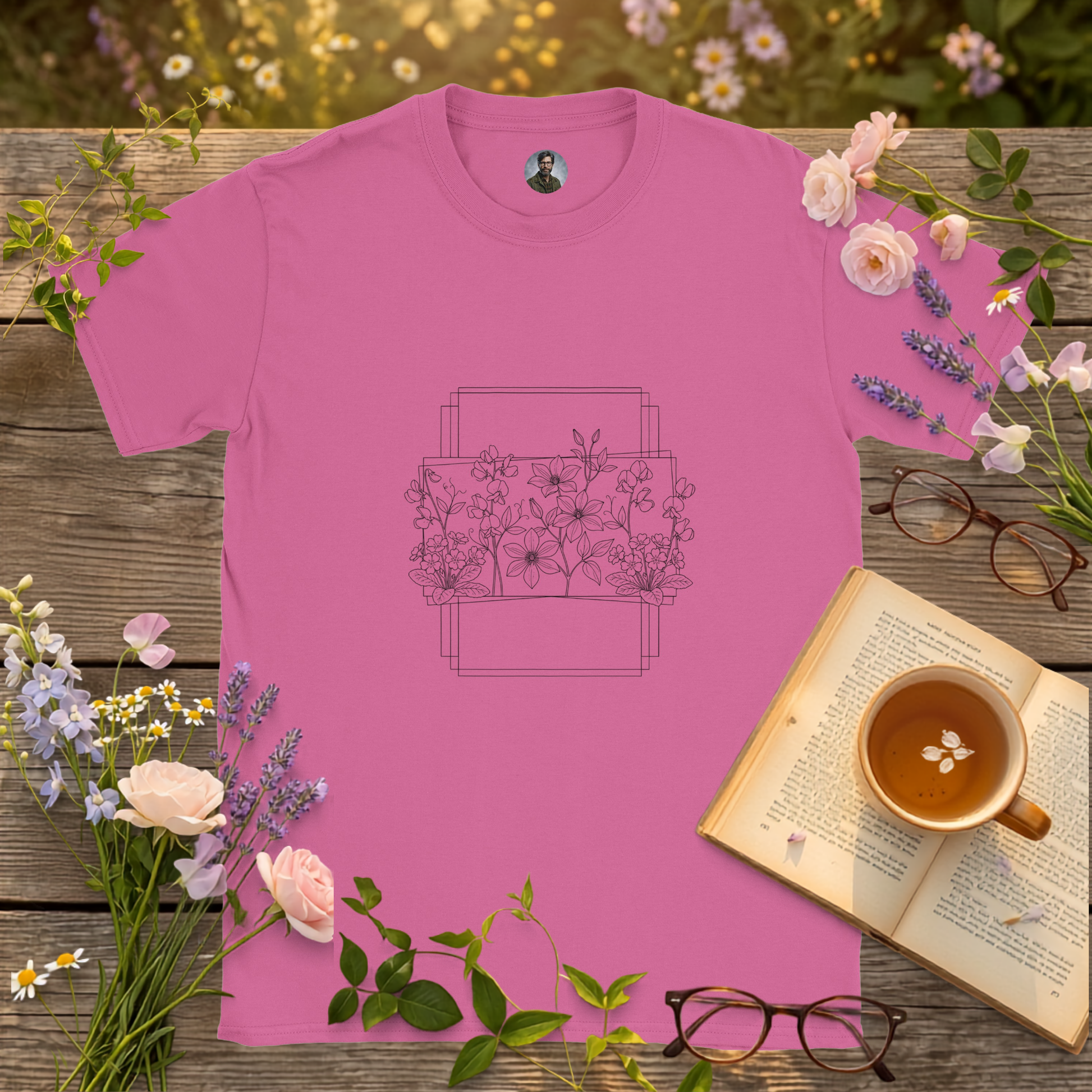 Pink T-shirt depicting Sweet Peas, Clematis, and Primroses on a picnic table surrounded by flowers and a book
