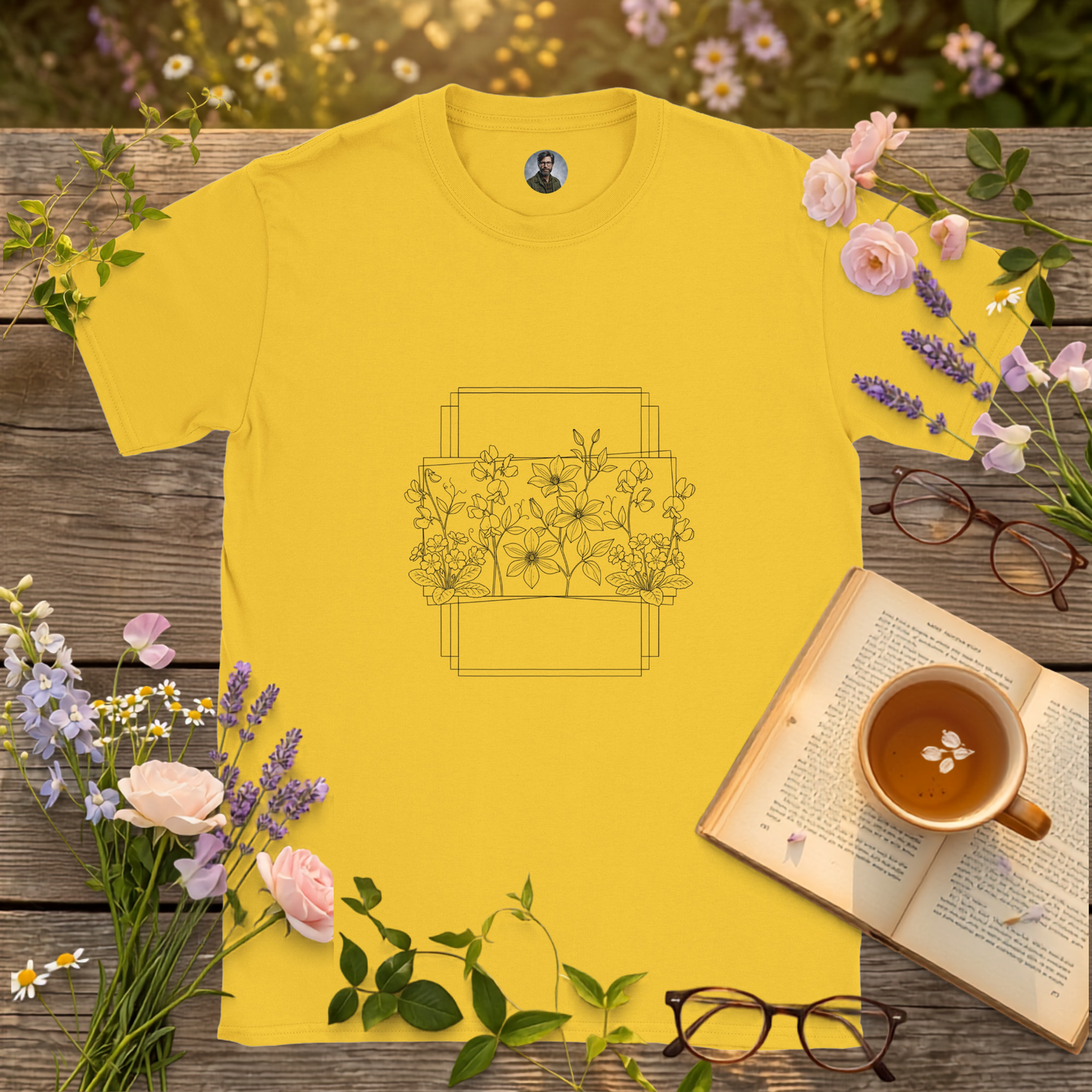 daisy Yellow T-shirt on a picnic table surrounded by flowers , a book and a cup of tea