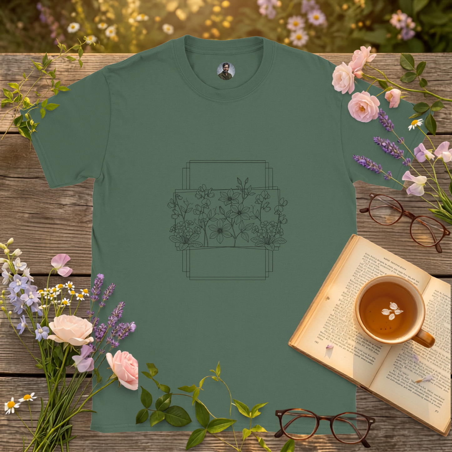 Miltary green T-shirt on a picnic table surrounded by flowers , a book and a cup of tea