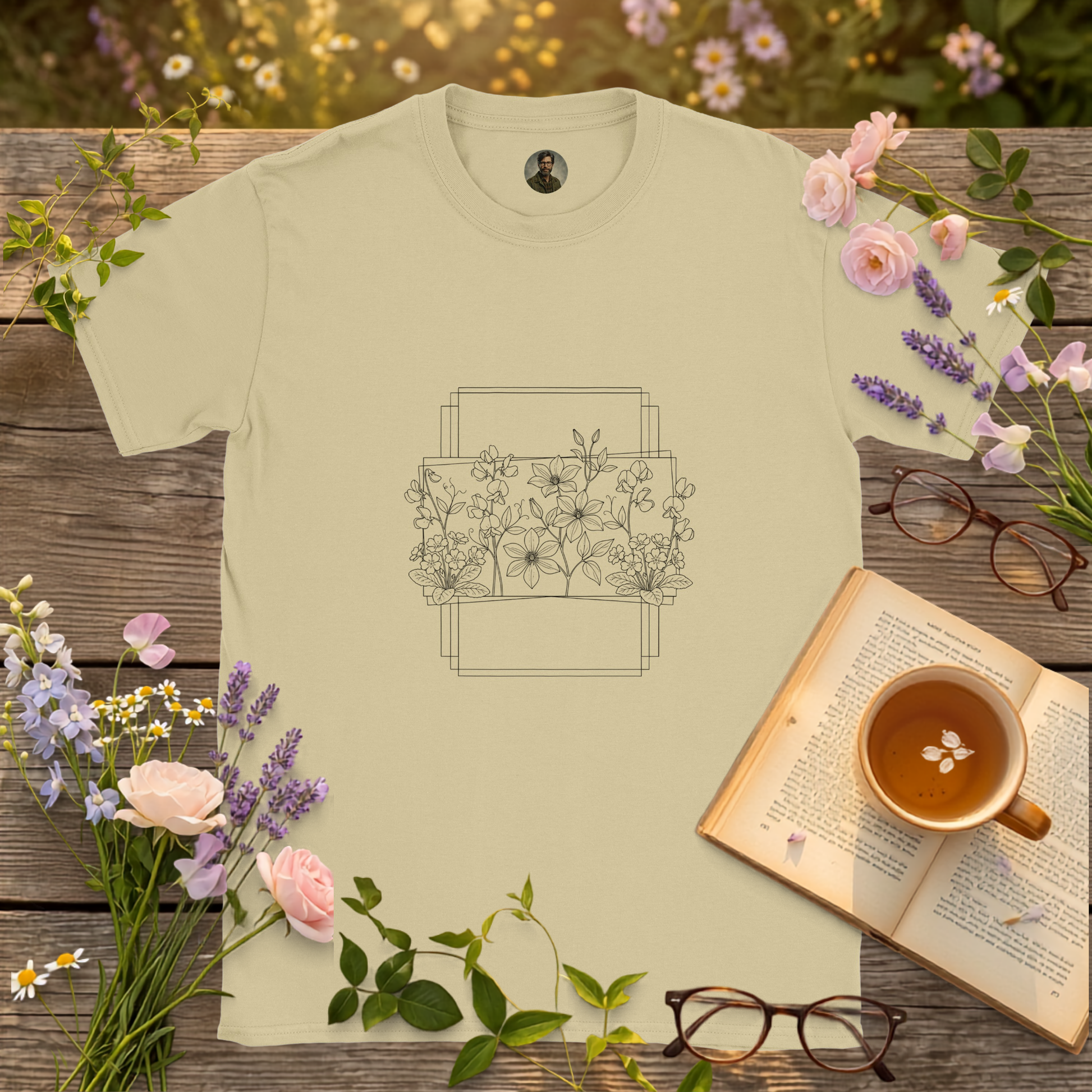 Natural  T-shirt on a picnic table surrounded by flowers , a book and a cup of tea