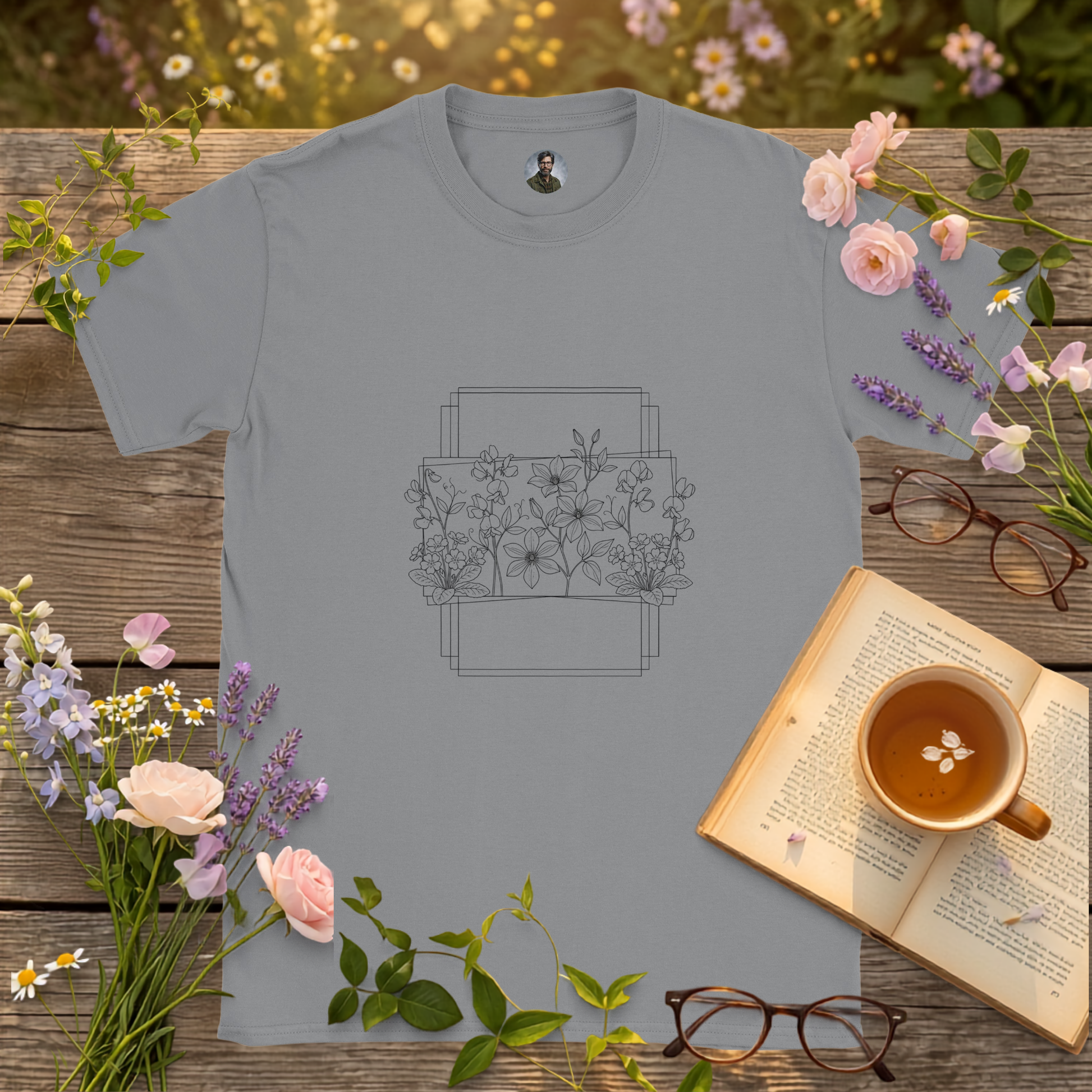 Sport Grey T-shirt on a picnic table surrounded by flowers , a book and a cup of tea