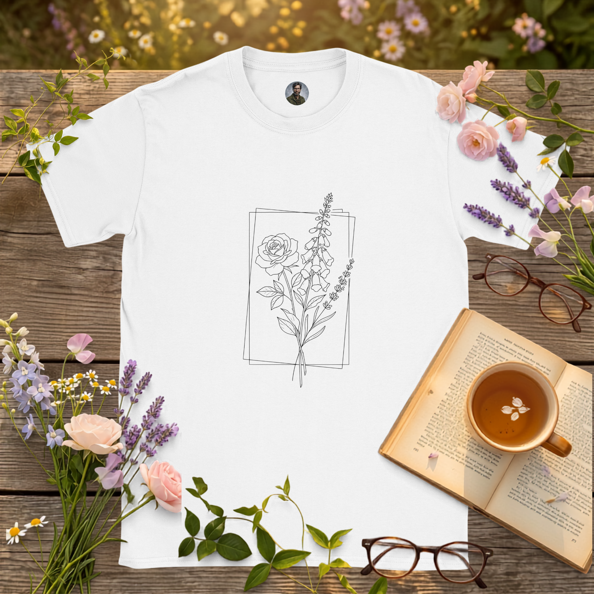 white t-shirt on a picnic table surrounded by flowers, a book and a cup of tea
