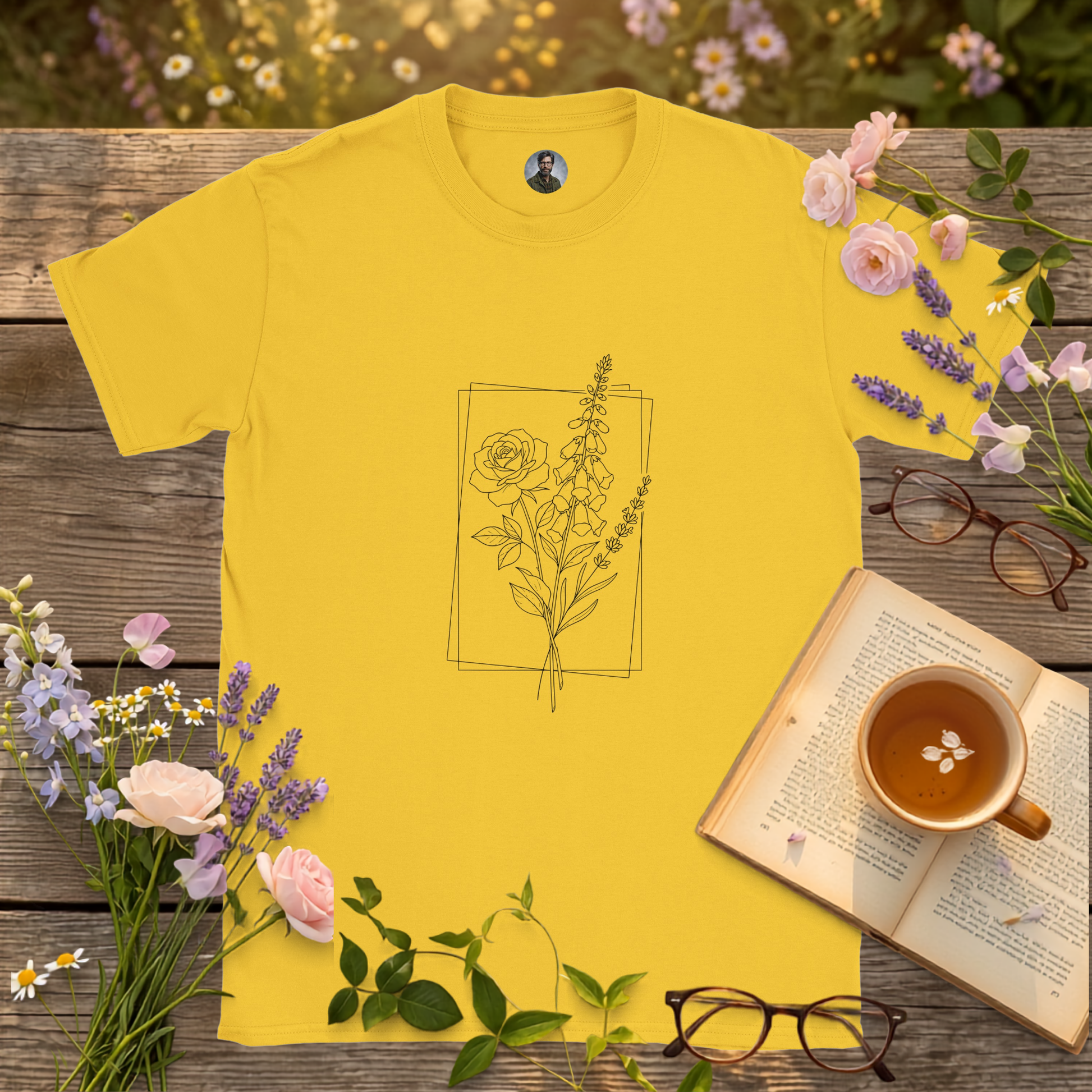 daisy yellow colour t-shirt on a picnic table surrounded by flowers, a book and a cup of tea