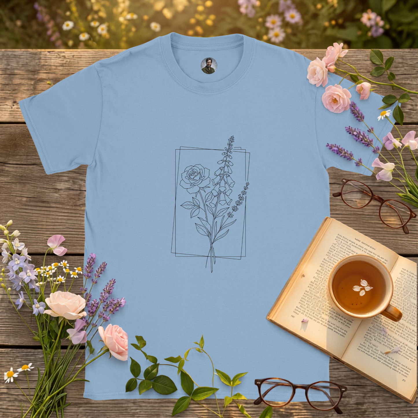 light blue colour t-shirt on a picnic table surrounded by flowers, a book and a cup of tea