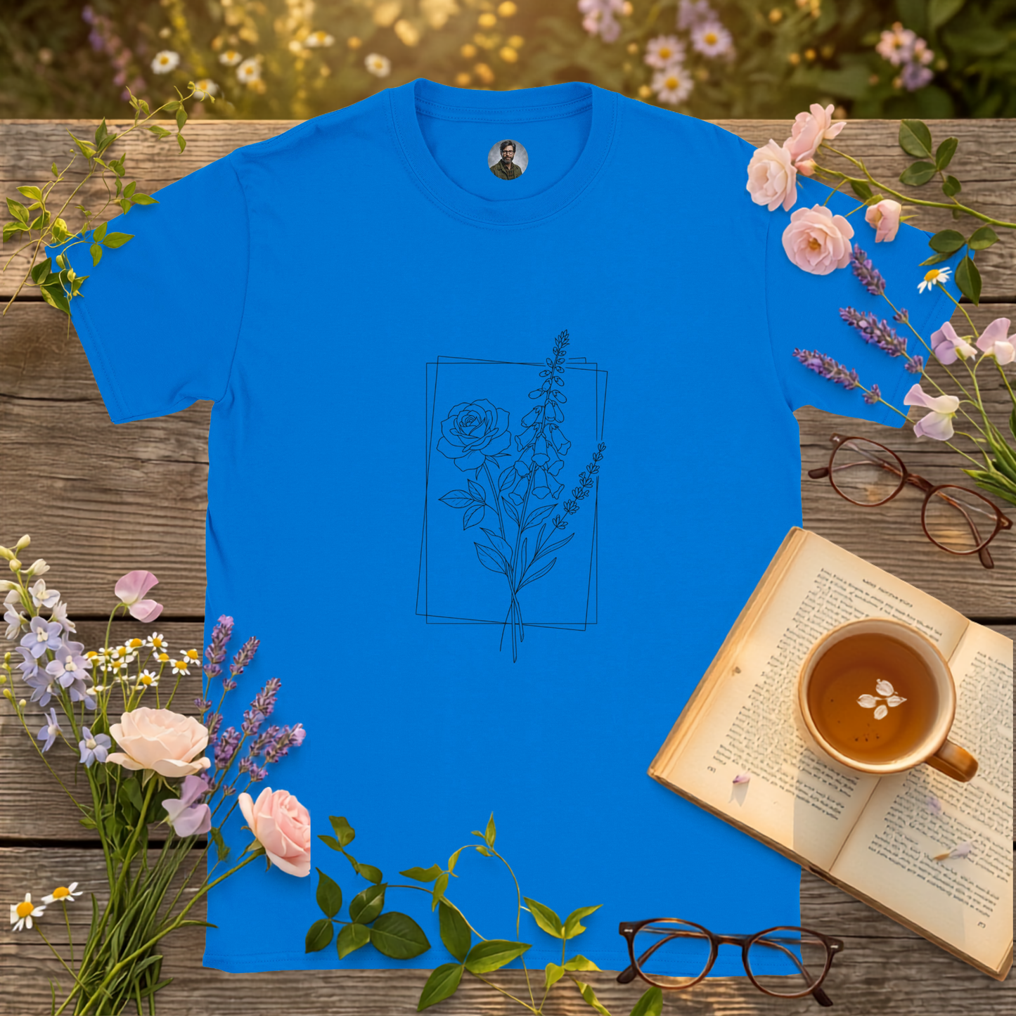 royal blue t-shirt on a picnic table surrounded by flowers, a book and a cup of tea