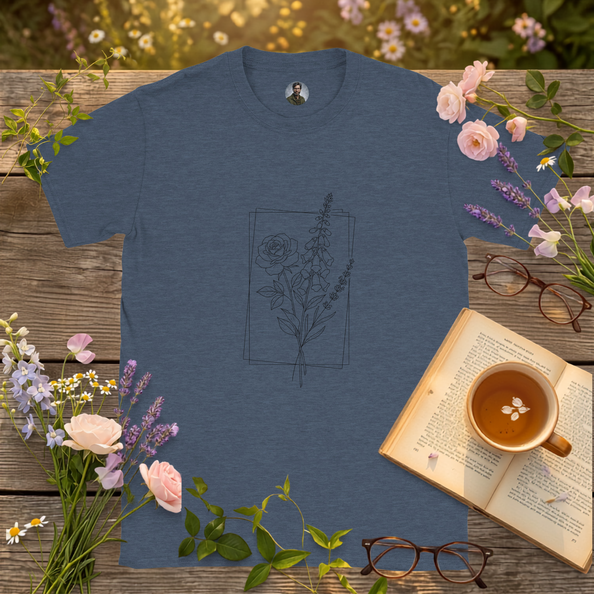 heather navy colour t-shirt on a picnic table surrounded by flowers, a book and a cup of tea