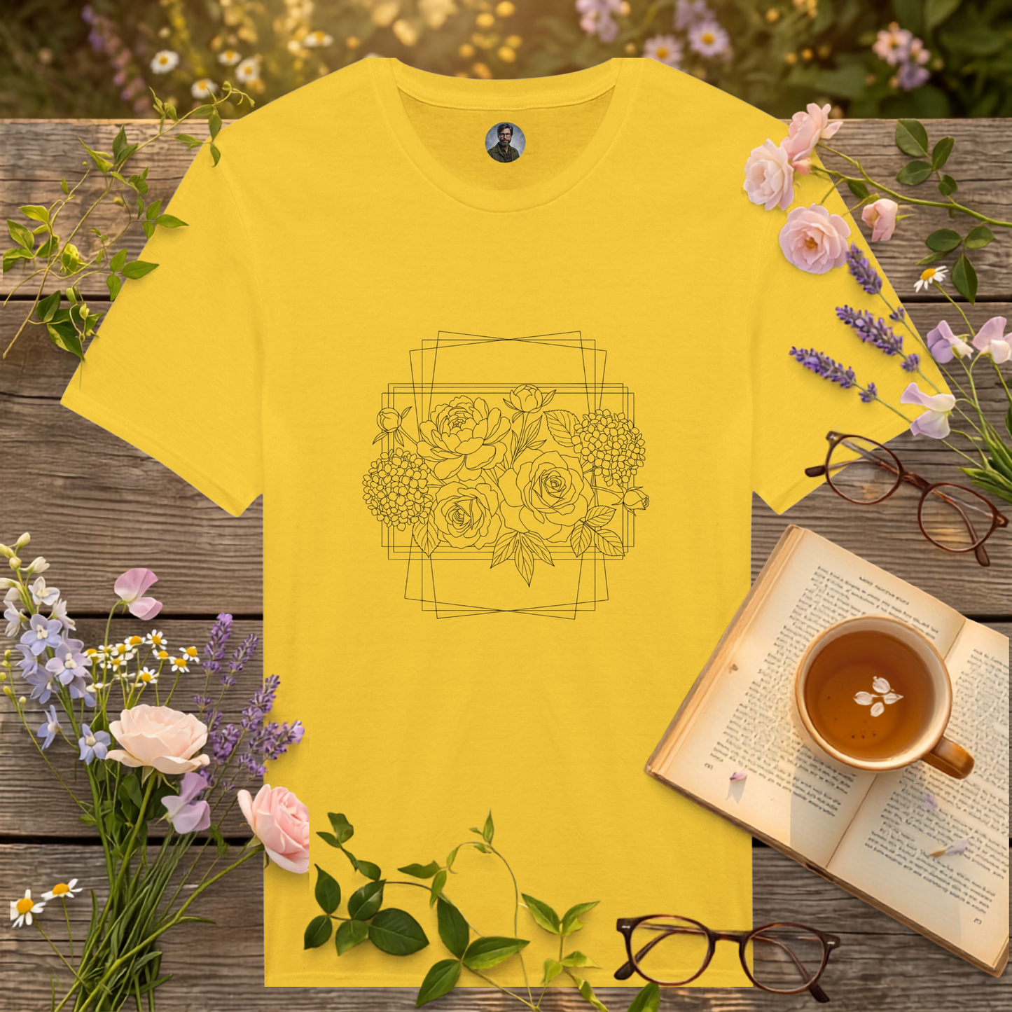 yellow coloured t-shirt on a picnic table surrounded by flowers, a book and a cup of tea