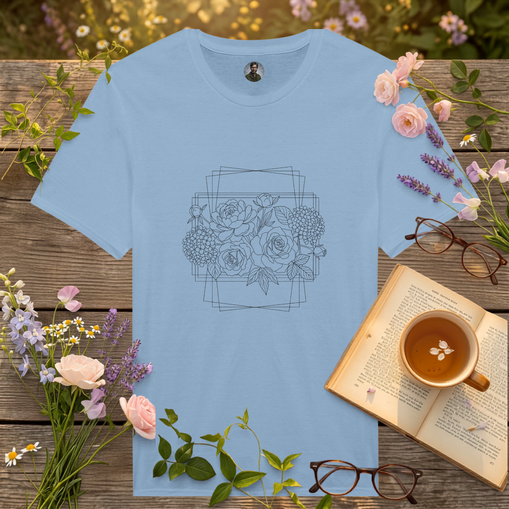 light blue coloured t-shirt on a picnic table surrounded by flowers, a book and a cup of tea