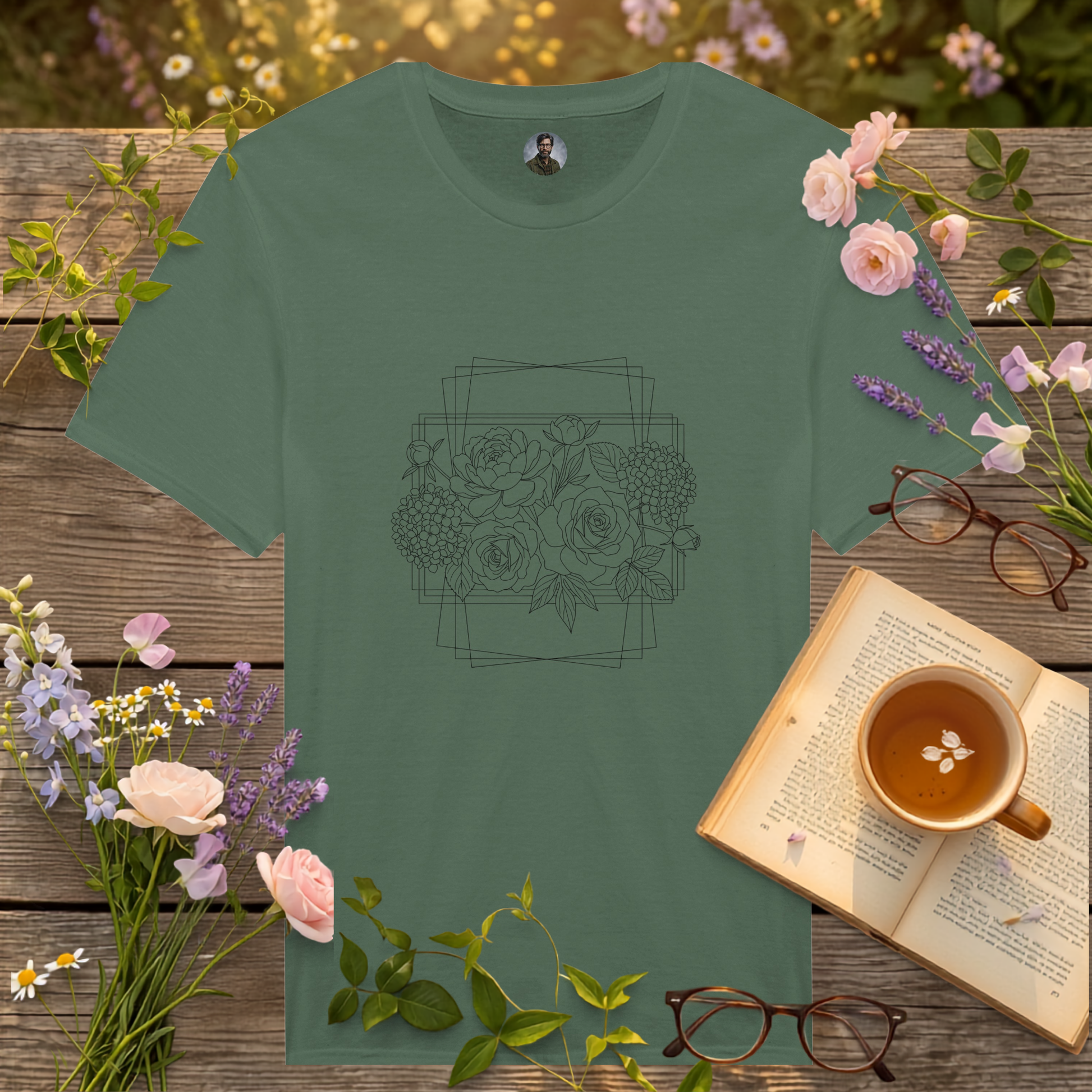 green coloured t-shirt on a picnic table surrounded by flowers, a book and a cup of tea
