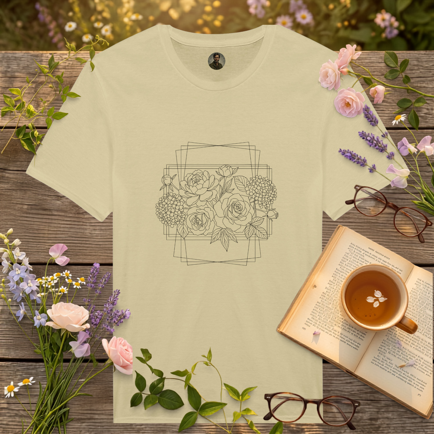 natural coloured t-shirt on a picnic table surrounded by flowers, a book and a cup of tea