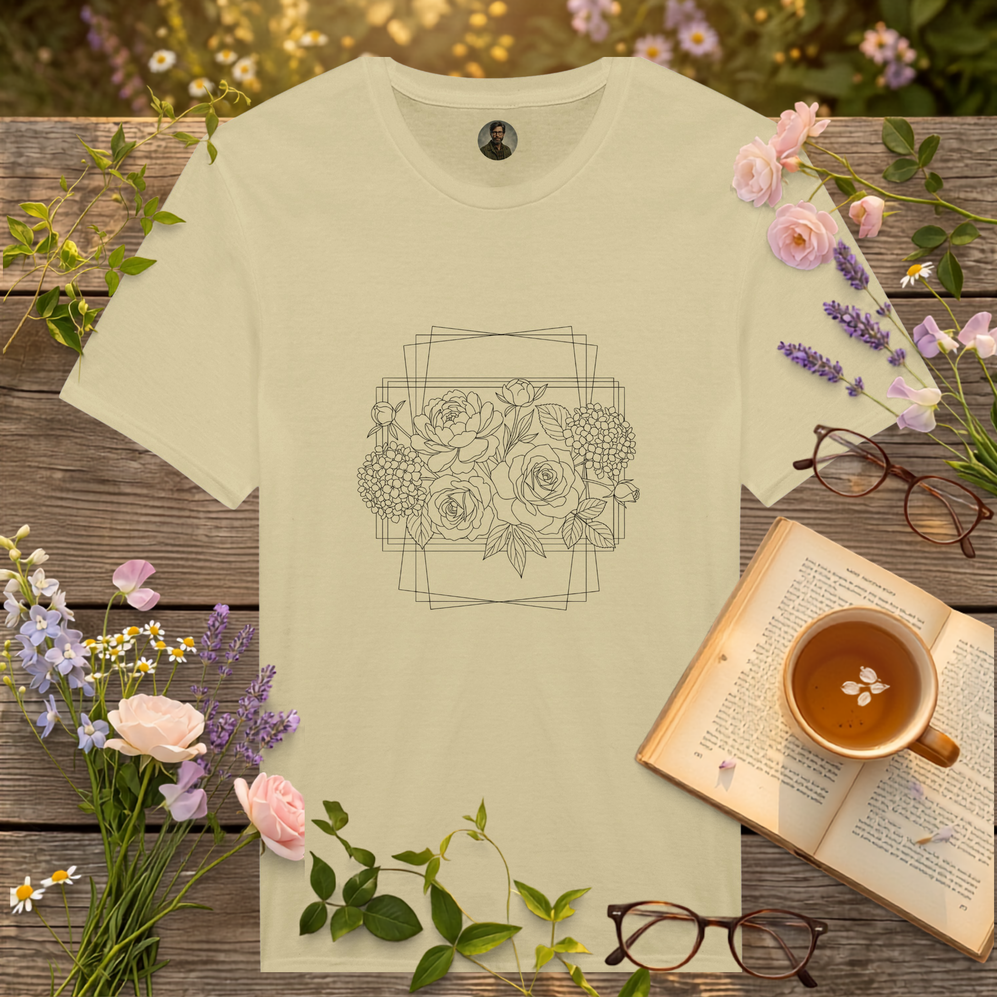 natural coloured t-shirt on a picnic table surrounded by flowers, a book and a cup of tea