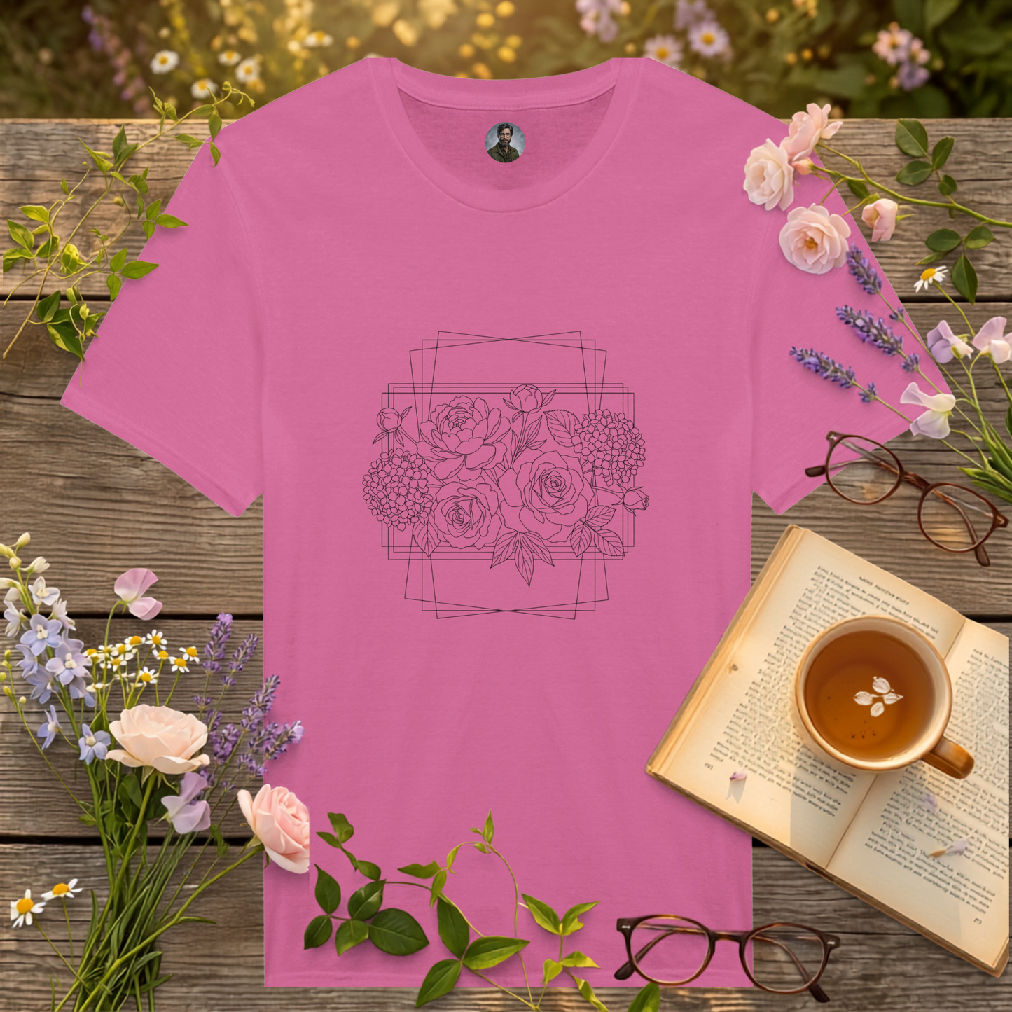 pink coloured t-shirt on a picnic table surrounded by flowers, a book and a cup of tea