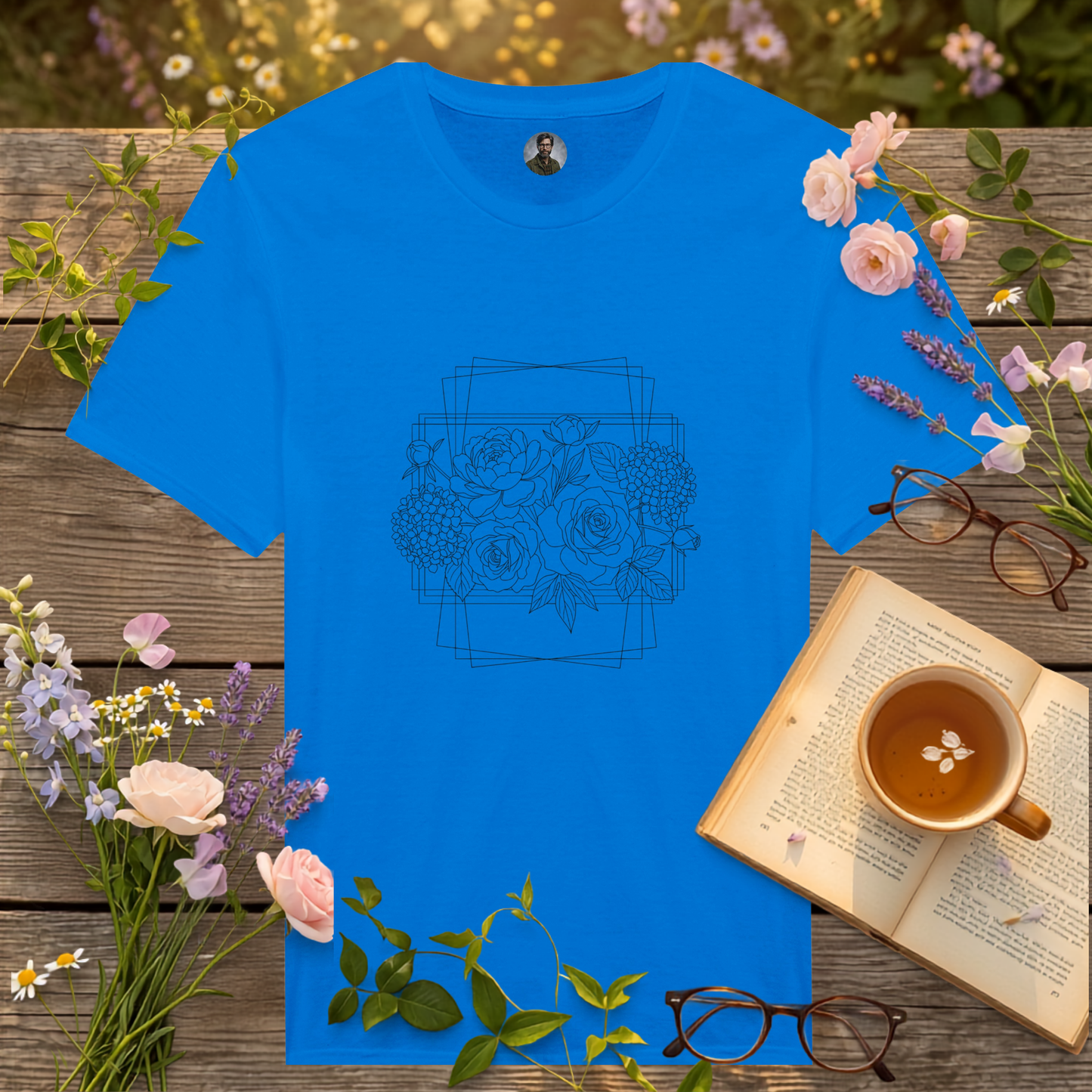 blue coloured t-shirt on a picnic table surrounded by flowers, a book and a cup of tea
