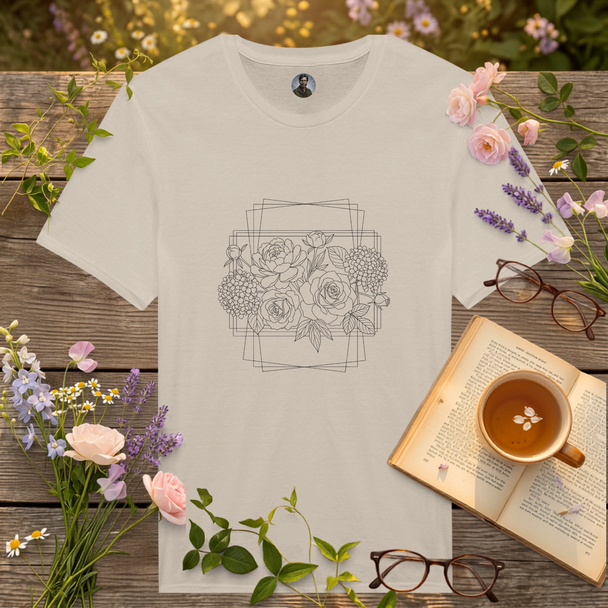 sand coloured t-shirt on a picnic table surrounded by flowers, a book and a cup of tea