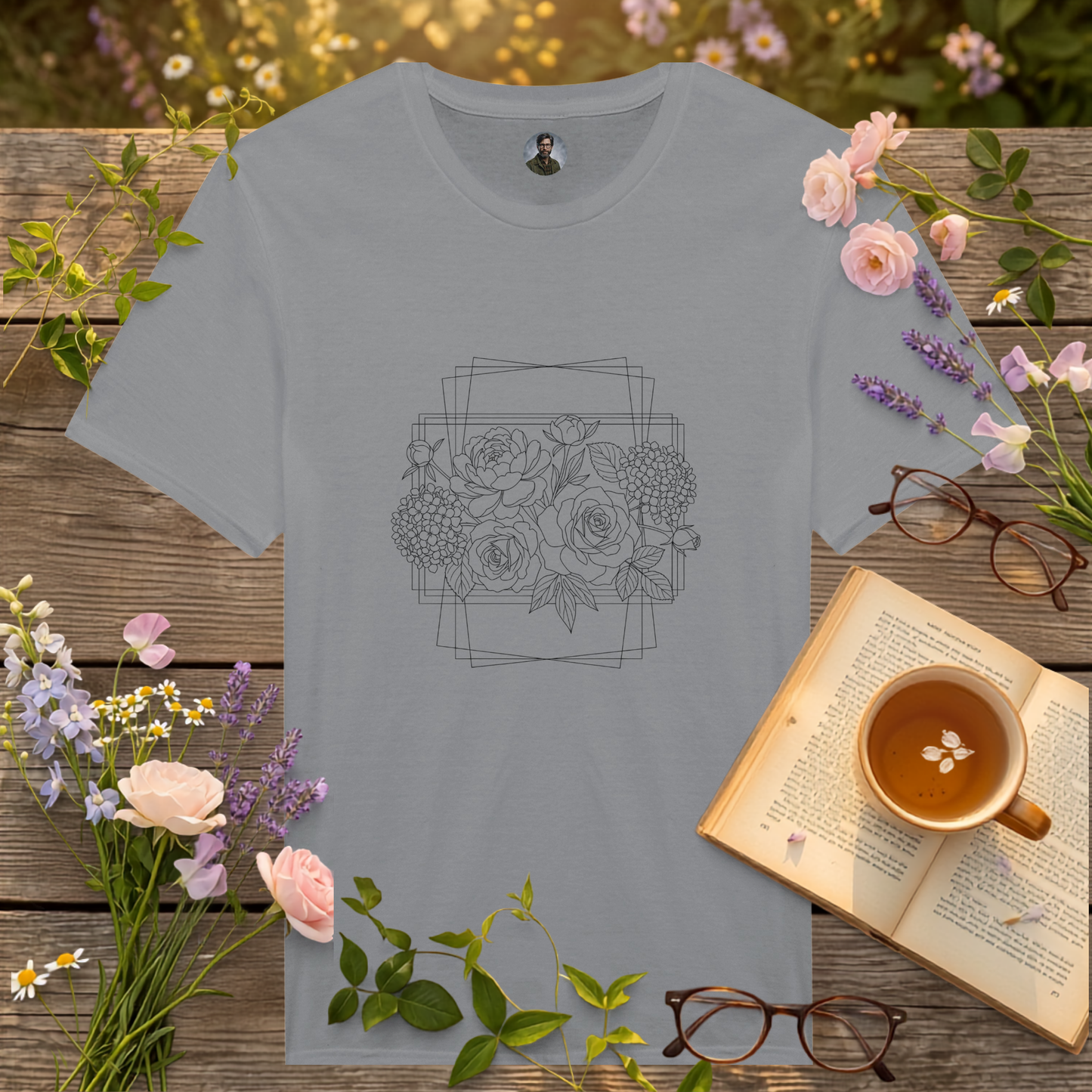 grey coloured t-shirt on a picnic table surrounded by flowers, a book and a cup of tea