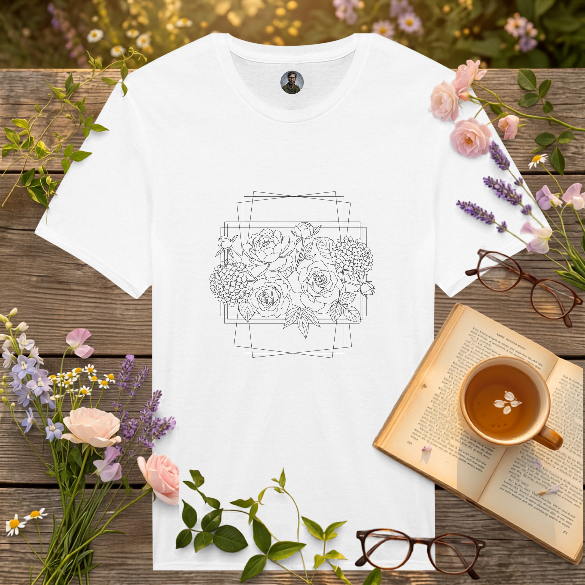 white t-shirt on a picnic table surrounded by flowers, a book and a cup of tea