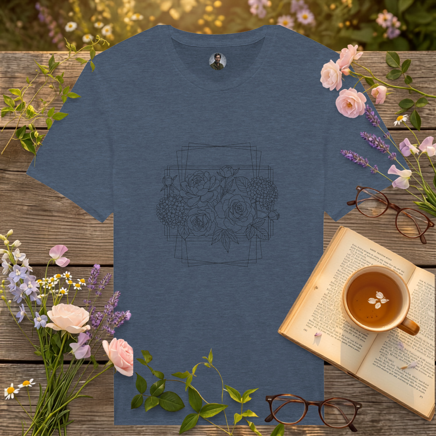 navy coloured t-shirt on a picnic table surrounded by flowers, a book and a cup of tea