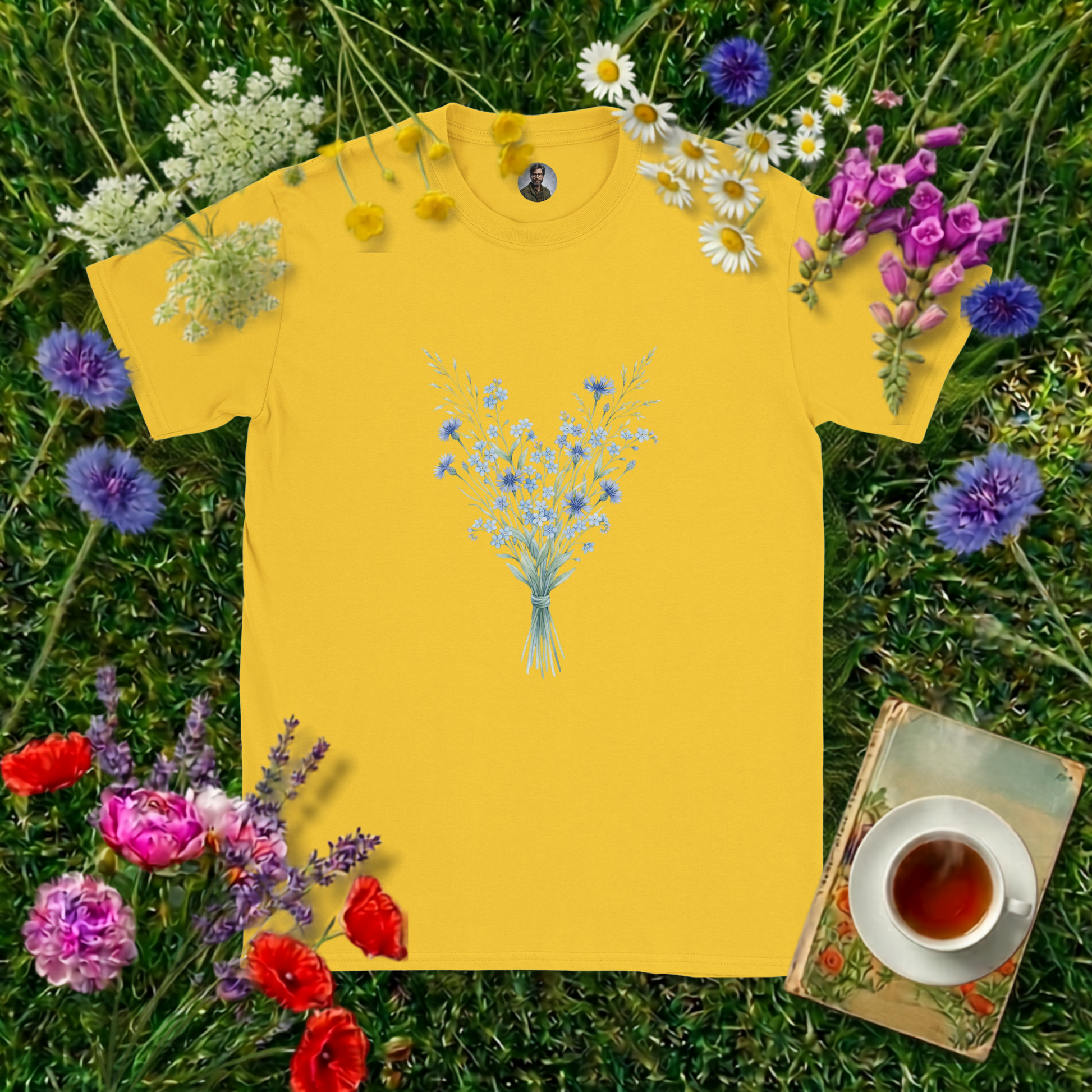 DAISY YELLOW COLOURED T-SHIRT ON GRASS SURROUNDED BY FLOWERS  , A BOOK AND A CUP OF TEA