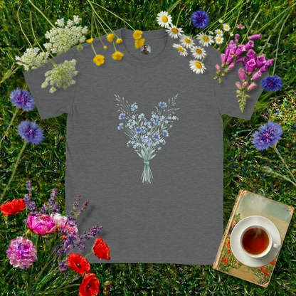 GRAPHITE HEATHER COLOURED T-SHIRT ON GRASS SURROUNDED BY FLOWERS  , A BOOK AND A CUP OF TEA
