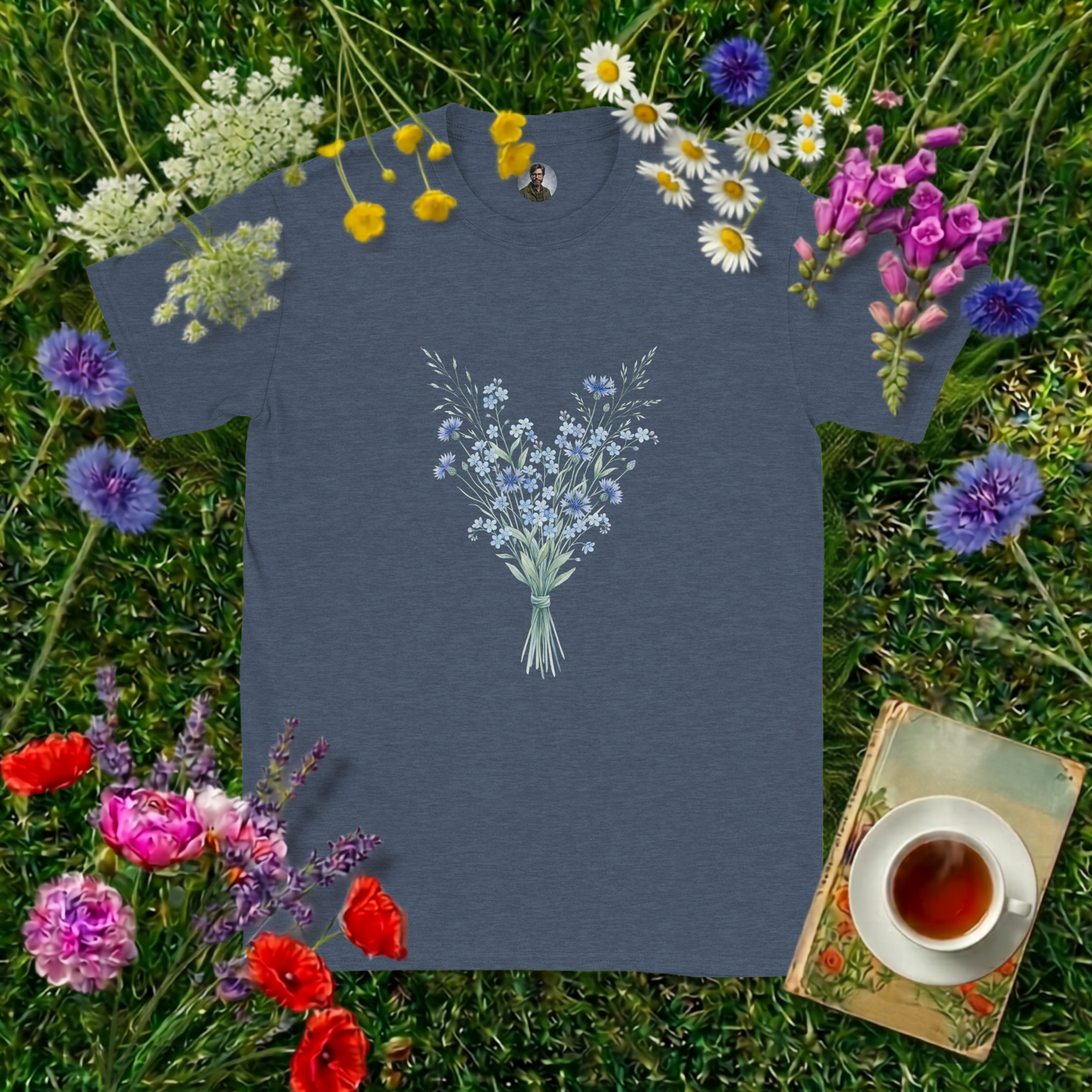 HEATHER NAVY COLOURED T-SHIRT ON GRASS SURROUNDED BY FLOWERS  , A BOOK AND A CUP OF TEA