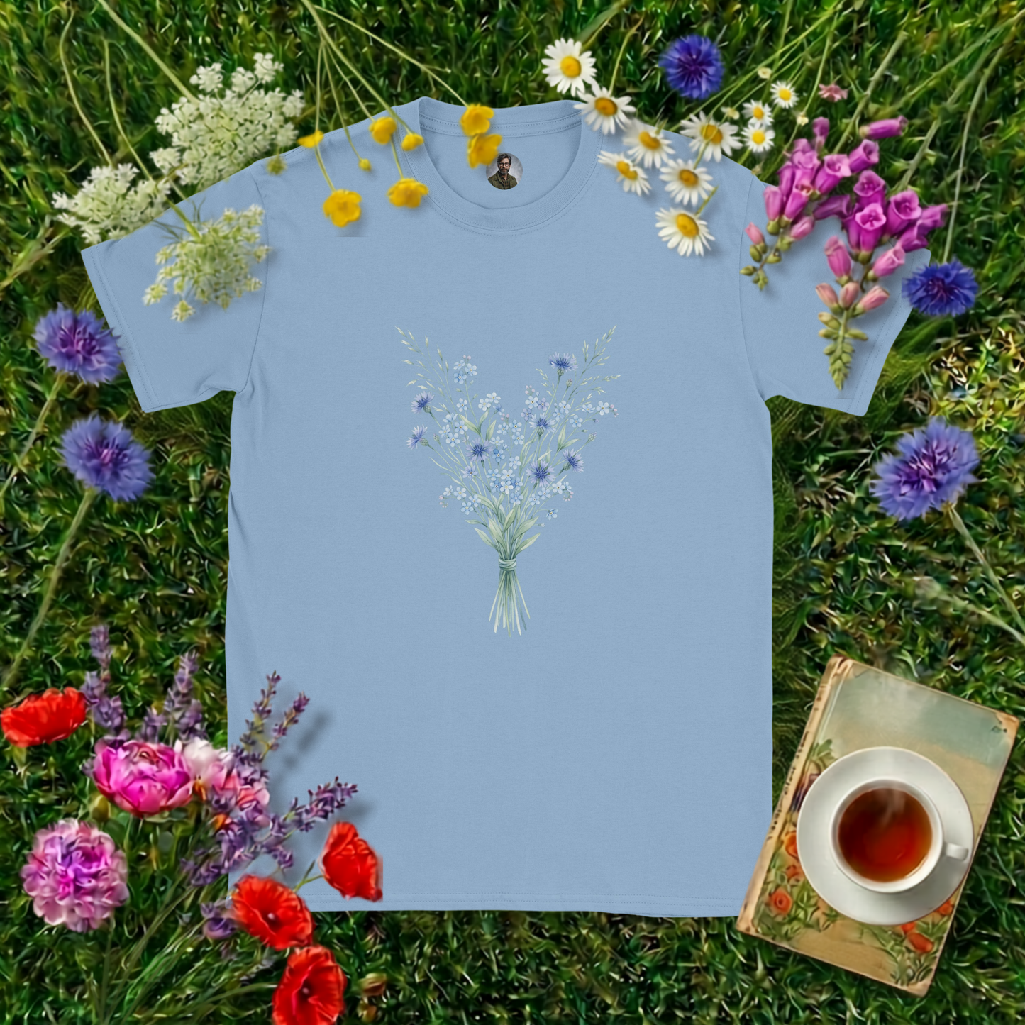 LIGHT BLUE COLOURED T-SHIRT ON GRASS SURROUNDED BY FLOWERS  , A BOOK AND A CUP OF TEA