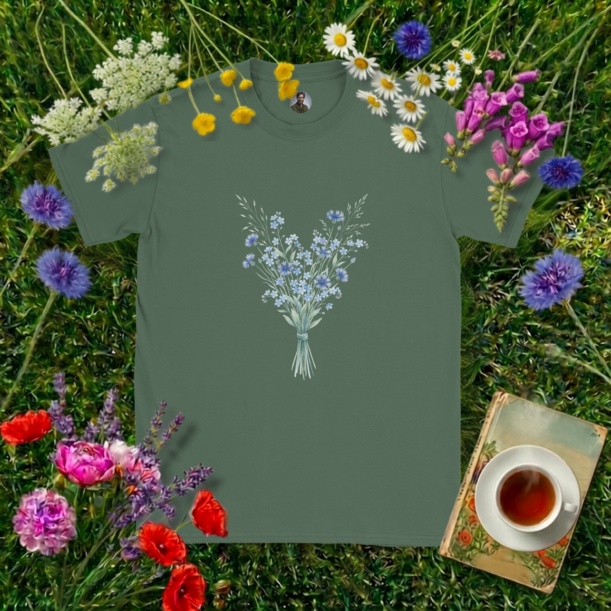 MILITARY GREEN COLOURED T-SHIRT ON GRASS SURROUNDED BY FLOWERS  , A BOOK AND A CUP OF TEA