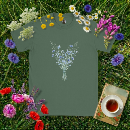 MILITARY GREEN COLOURED T-SHIRT ON GRASS SURROUNDED BY FLOWERS  , A BOOK AND A CUP OF TEA