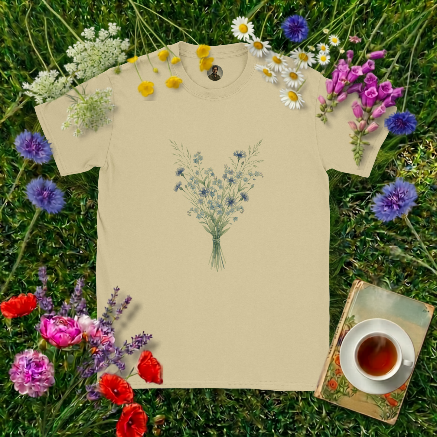 NATURAL COLOURED T-SHIRT ON GRASS SURROUNDED BY FLOWERS  , A BOOK AND A CUP OF TEA