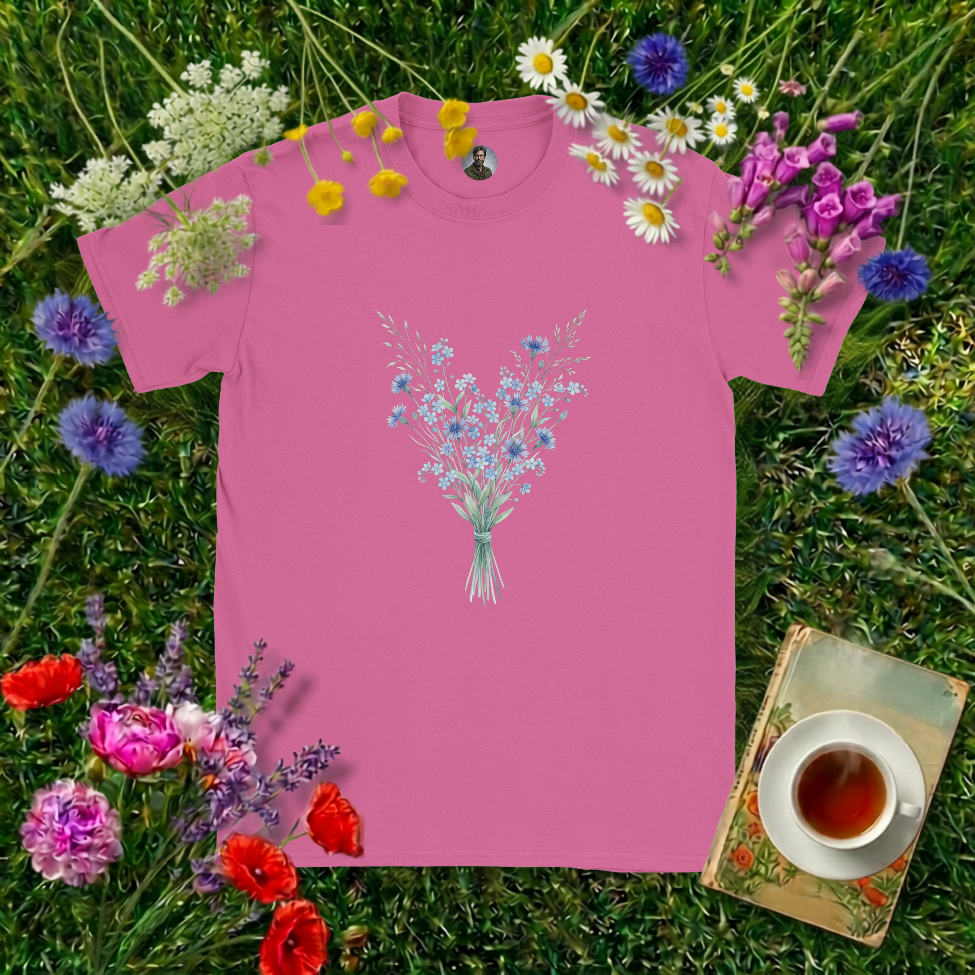 PINK COLOURED T-SHIRT ON GRASS SURROUNDED BY FLOWERS  , A BOOK AND A CUP OF TEA