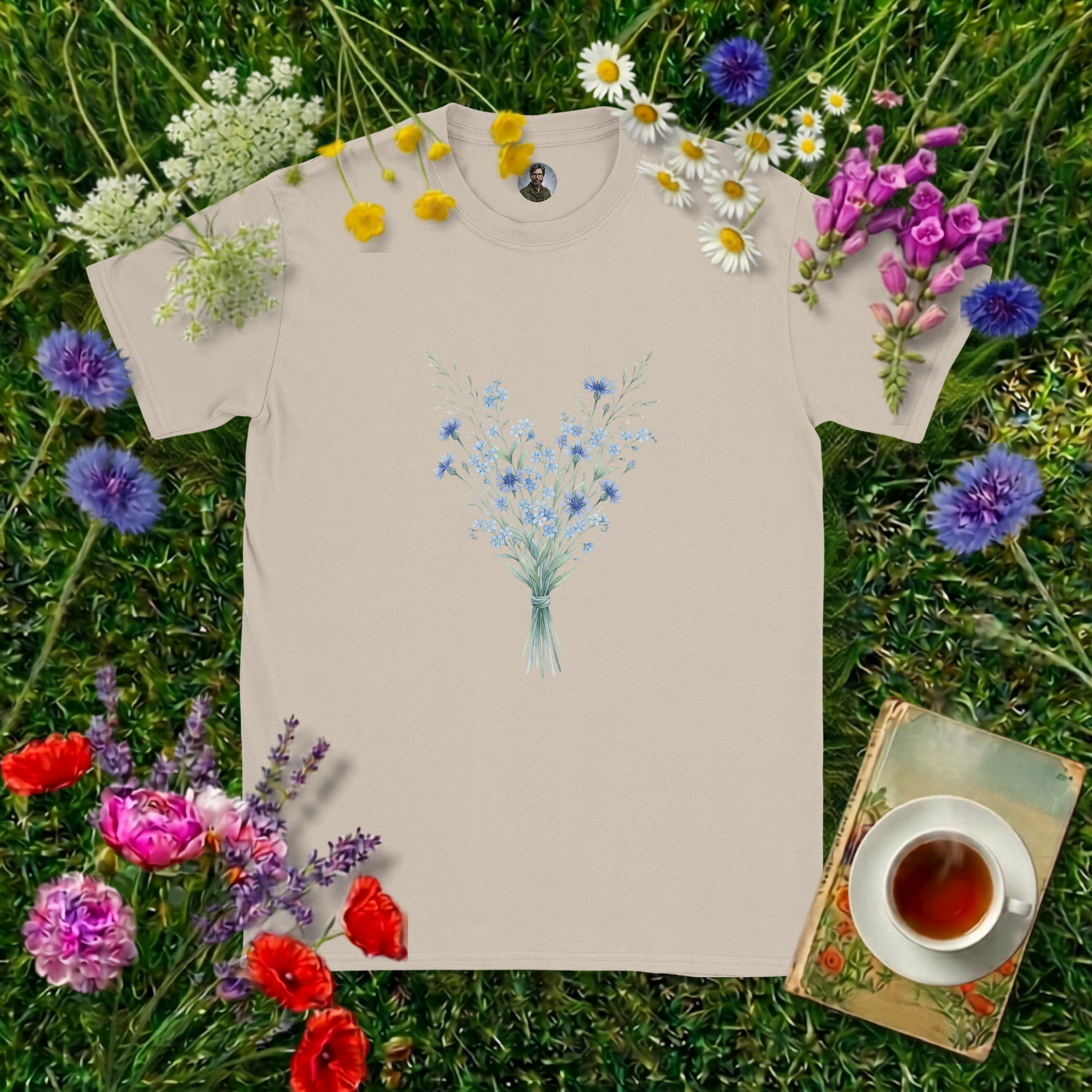 SAND COLOURED T-SHIRT ON GRASS SURROUNDED BY FLOWERS  , A BOOK AND A CUP OF TEA