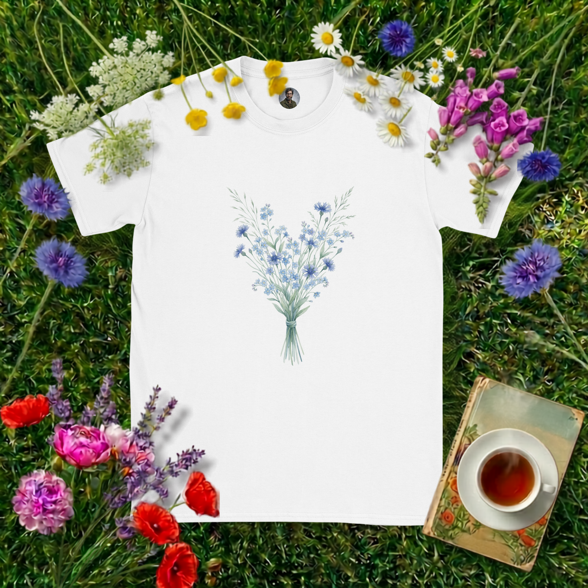 WHITE COLOURED T-SHIRT ON GRASS SURROUNDED BY FLOWERS  , A BOOK AND A CUP OF TEA